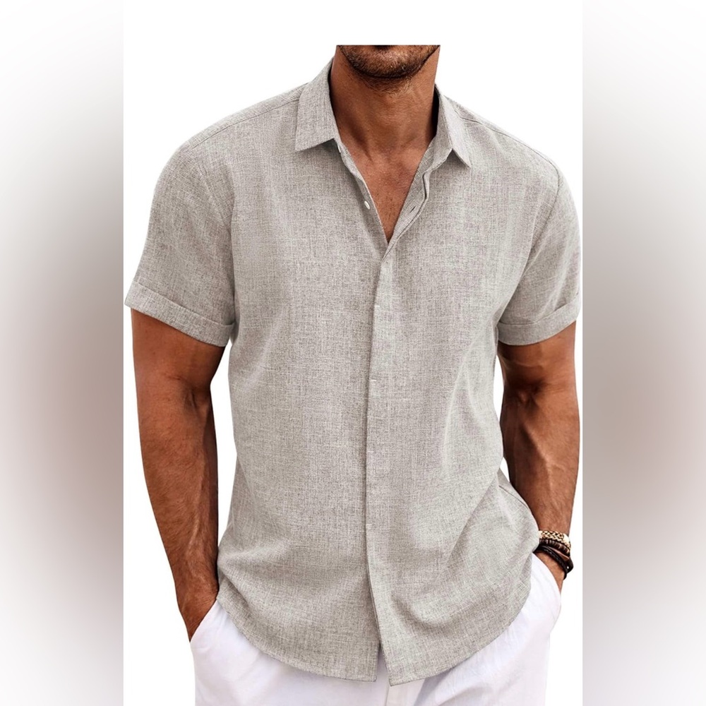 Men's Short Sleeve Casual Button-Down Shirt - Light Beige